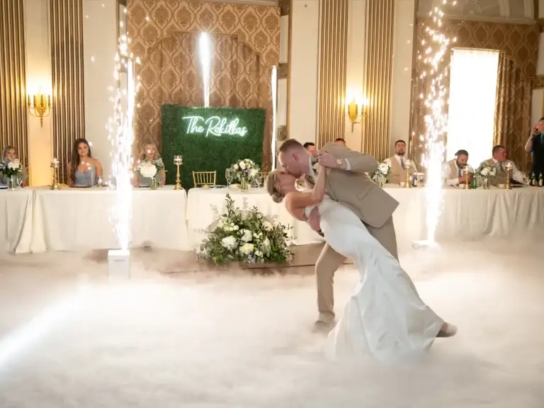 Bride and groom sharing their first dance with magic sparklers and dancing on a cloud at the George Washington Hotel in Washington Pennsylvania