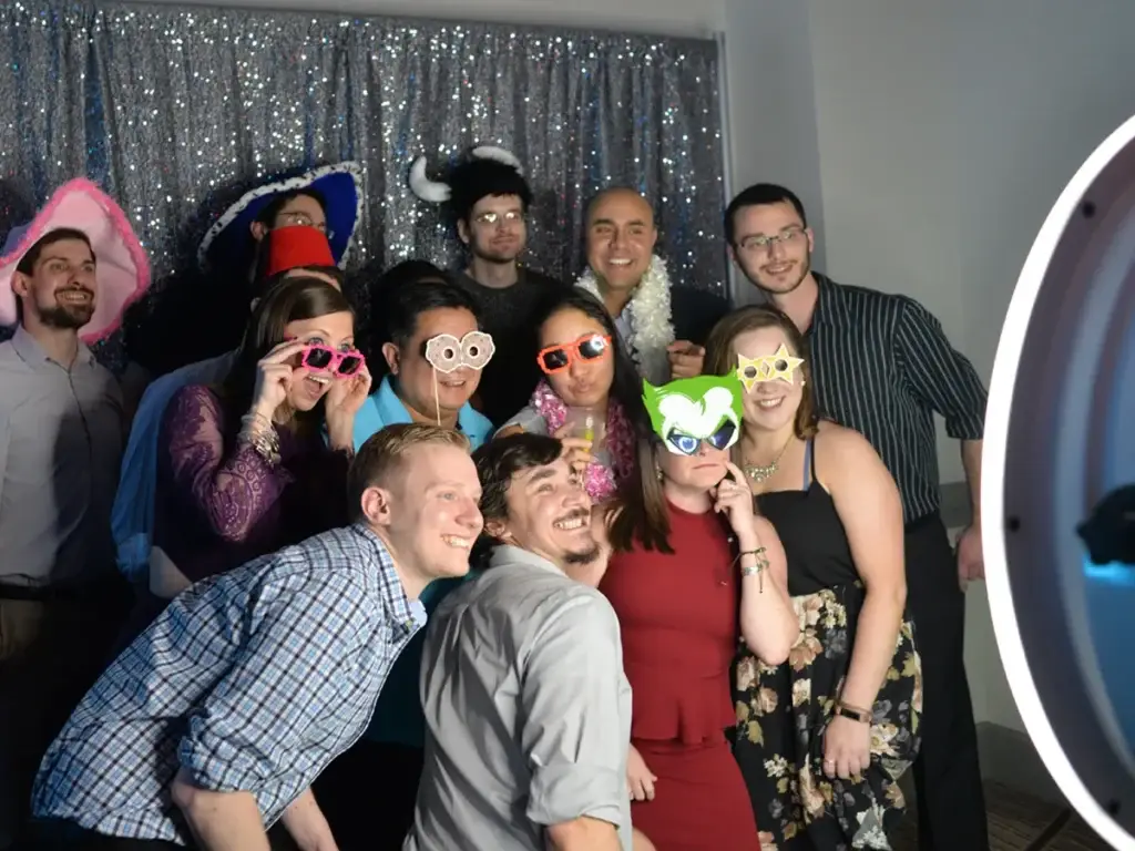 Large group of wedding guests using Photo Booth at Chestnut Ridge in Blairsville PA