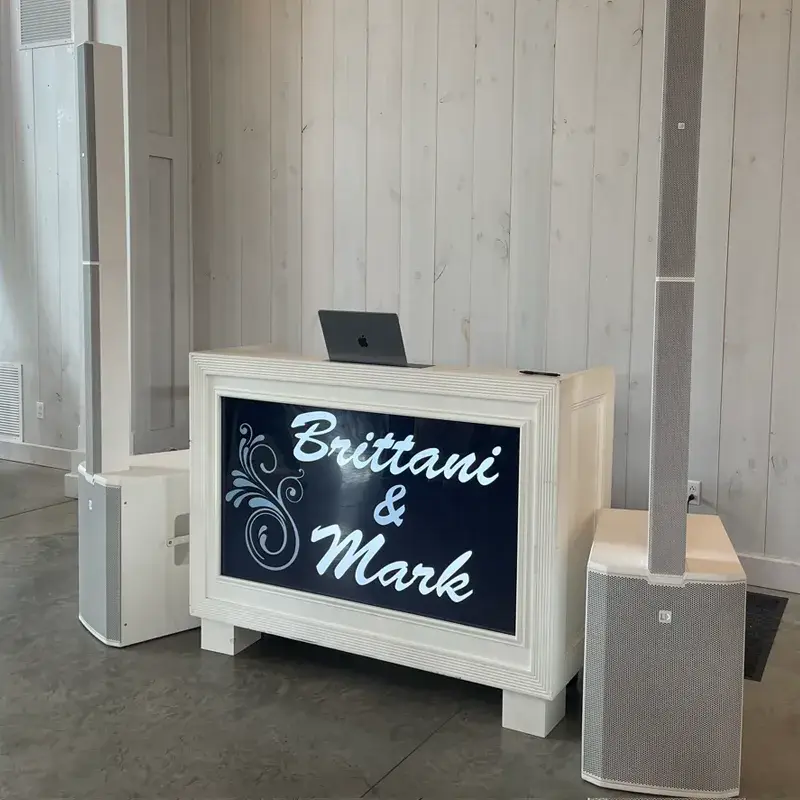 All-white DJ video booth set up for a wedding reception at The Grayson House in Uniontown PA