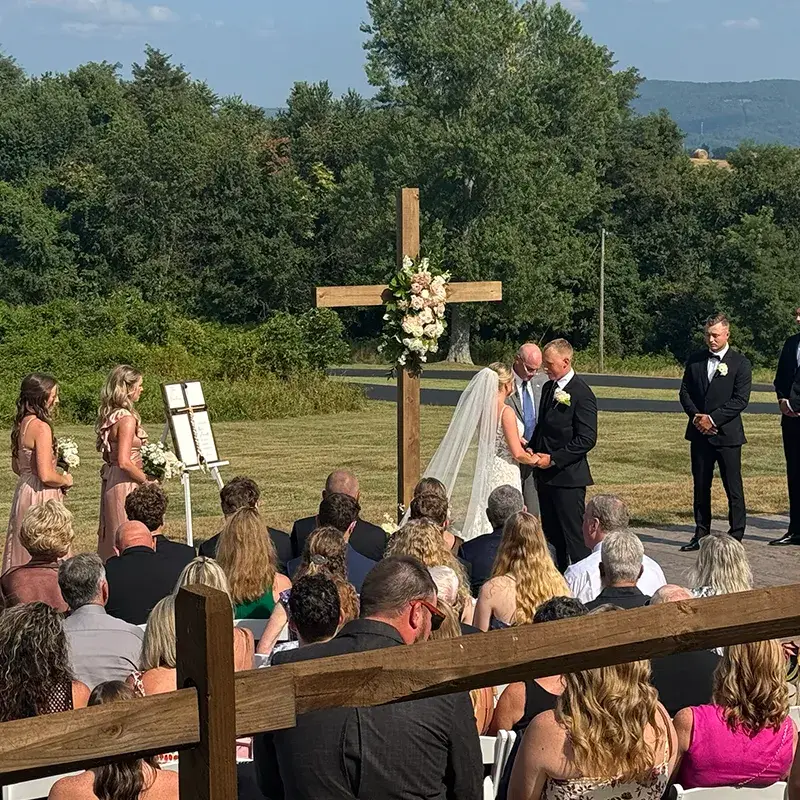 Outdoor wedding ceremony on the new patio at The Grayson House in Uniontown PA