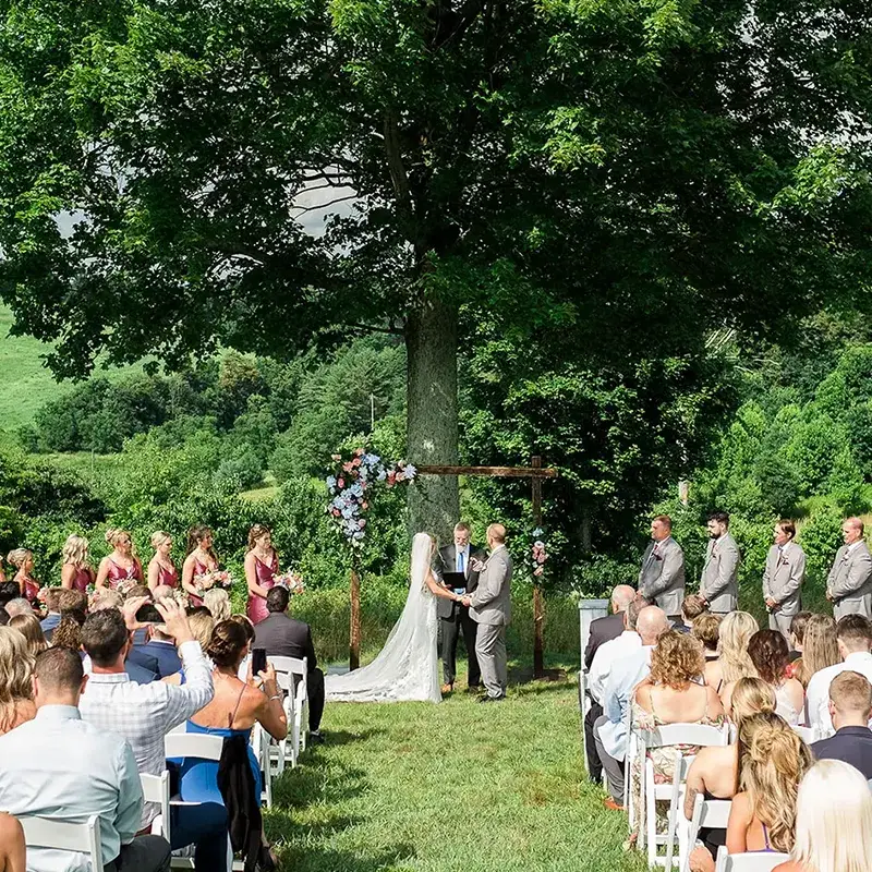 Wedding ceremony at The Grayson House in Uniontown PA with couple exchanging vows under the tree on the hill