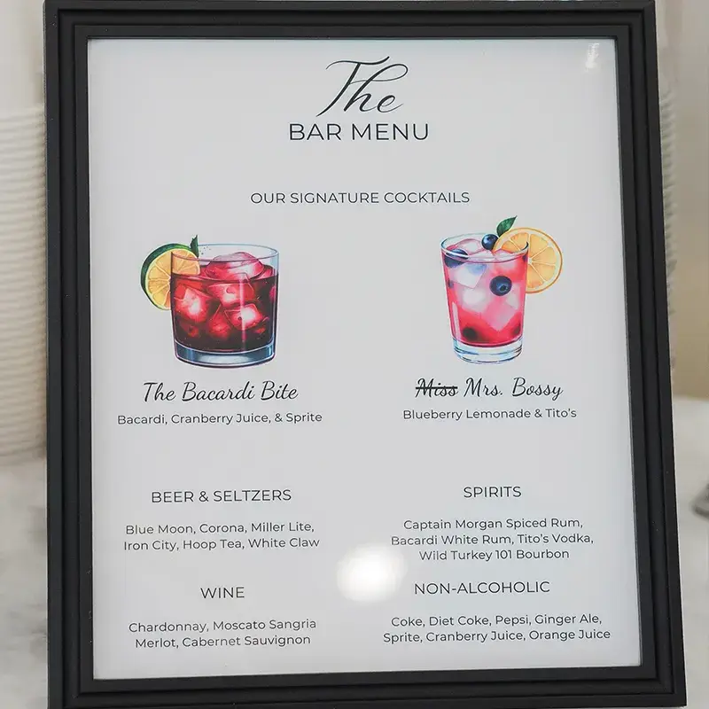 Wedding drink menu with the couple’s signature drinks at The Grayson House in Uniontown PA