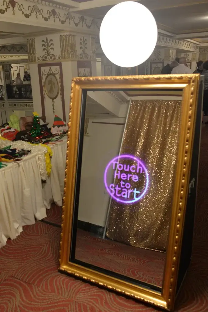 Interactive mirror photo booth touch to start screen at Pittsburgh wedding