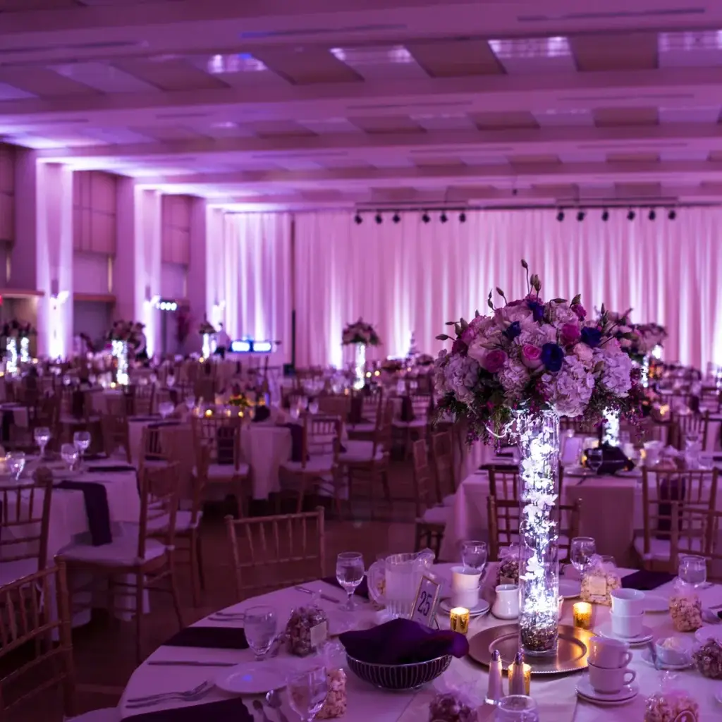 Pink wedding uplighting at Circuit Center in Pittsburgh by Soundwaves Event Group
