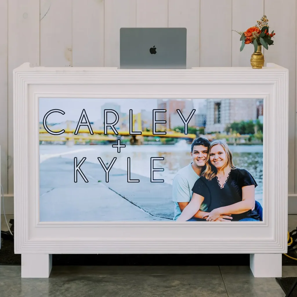 White Video DJ booth setup at The Grayson House wedding reception in Uniontown PA by Soundwaves Event Group Pittsburgh wedding DJ